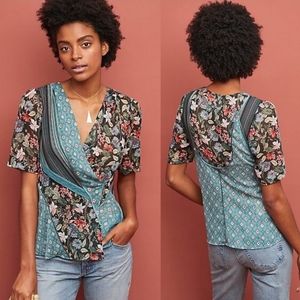 NWT Anthropologie Tiny Teal Floral Wrap Blouse
